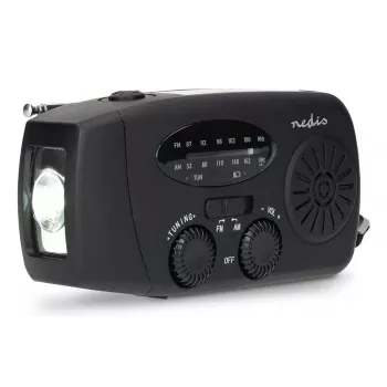 Nedis RDFMCR2000BK Radio Solarne z Latarką i Funkcją SOS, FM/AM, USB-C, 2000 mAh, Czarny