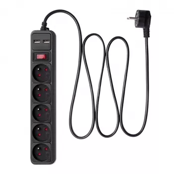 Akyga AK-SP-05U listwa przeciwprzepięciowa, 5 gniazd CEE 7/5 (typ E), 2x USB-A, 1,8 m, czarna