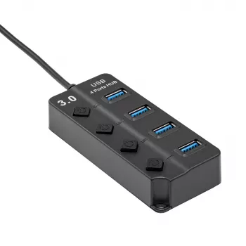Akyga AK-AD-33 aktywny hub USB 3.0, 4 porty z indywidualnymi włącznikami, 15 cm, czarny