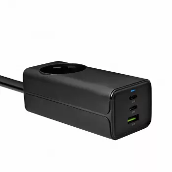 Ładowarka USB GaN Akyga AK-CH-21 65 W, 2 x USB-C + USB-A, z gniazdem AC, 1,5 m, czarna