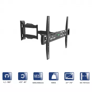 Akyga AK-MB-11 regulowany uchwyt ścienny do telewizora, 37-75 cali, 40 kg, VESA 600x400, obrót ±90°, czarny