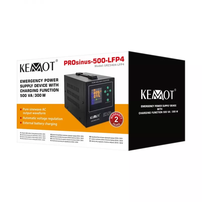 KEMOT PROsinus-500-LFP4 Zasilacz awaryjny (UPS) z przetwornicą czystego sinusa i funkcją ładowania 12V 230V 500VA/300W