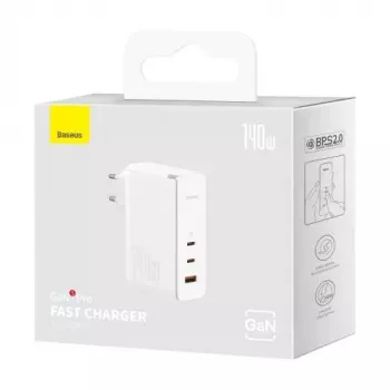 Baseus Travel Charger GaN5 Pro Fast Wall Charger, C+C+U, 140W, White, EU Plug (CCGP100202)