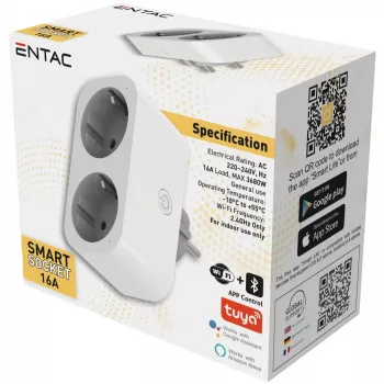 ENTAC Smart WiFi Double Socket Adapter ES-DSA-WIBLE, Biały, 2 gniazda, 3680W