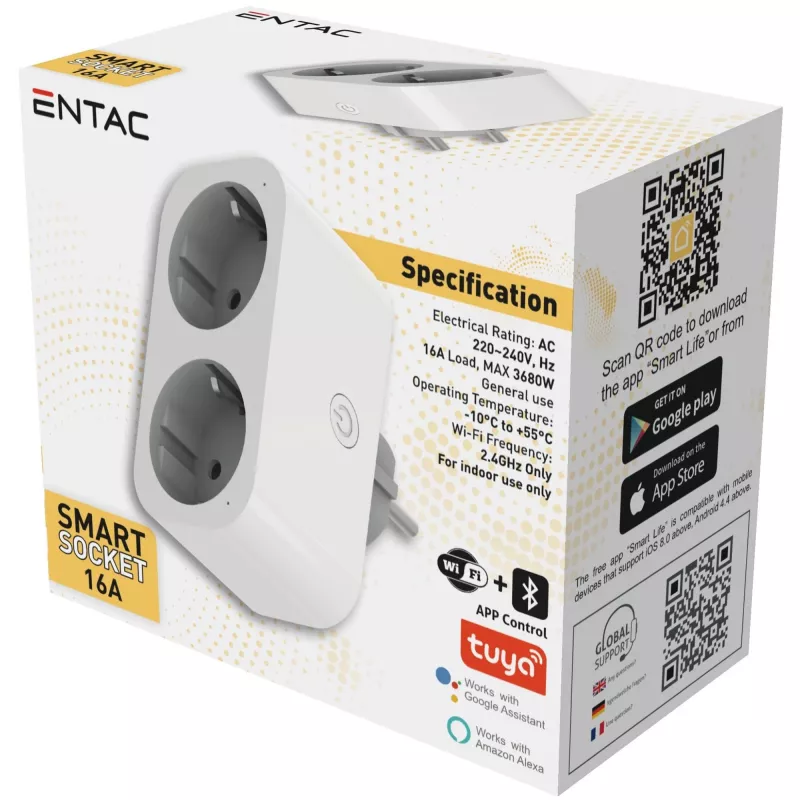 ENTAC Smart WiFi Double Socket Adapter ES-DSA-WIBLE, Biały, 2 gniazda, 3680W