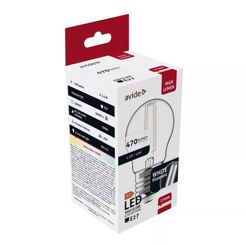 Żarówka LED Avide White Filament Mini Globe 4.5W E27 Ciepła Biel 2700K