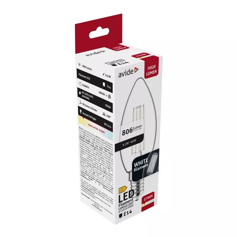 Avide LED Filament Candle Bulb 6.5W E14 Warm White 2700K