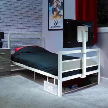 XROCKER Gaming Single Bed 90x190cm z uchwytem TV Metal Biały