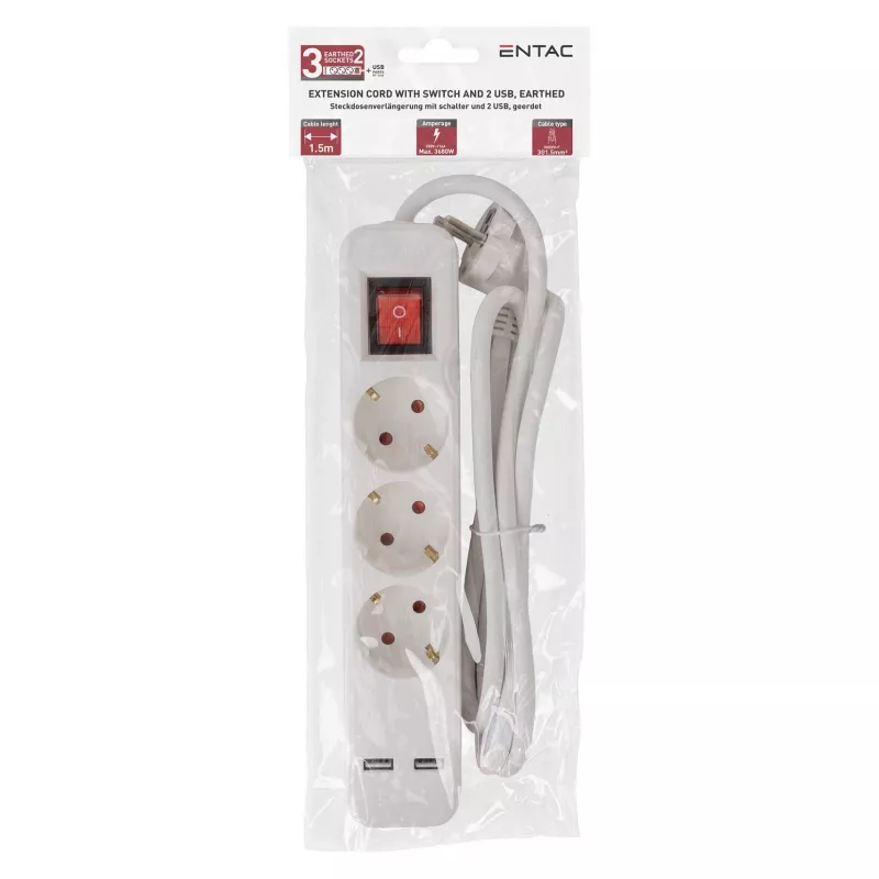 Listwa zasilająca ENTAC 3-gniazdowa z USB 1,5m przełącznik biała