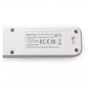 Listwa zasilająca ENTAC 4-gniazdowa z 1x USB-A i 1x USB-C, 1,5 m, biała