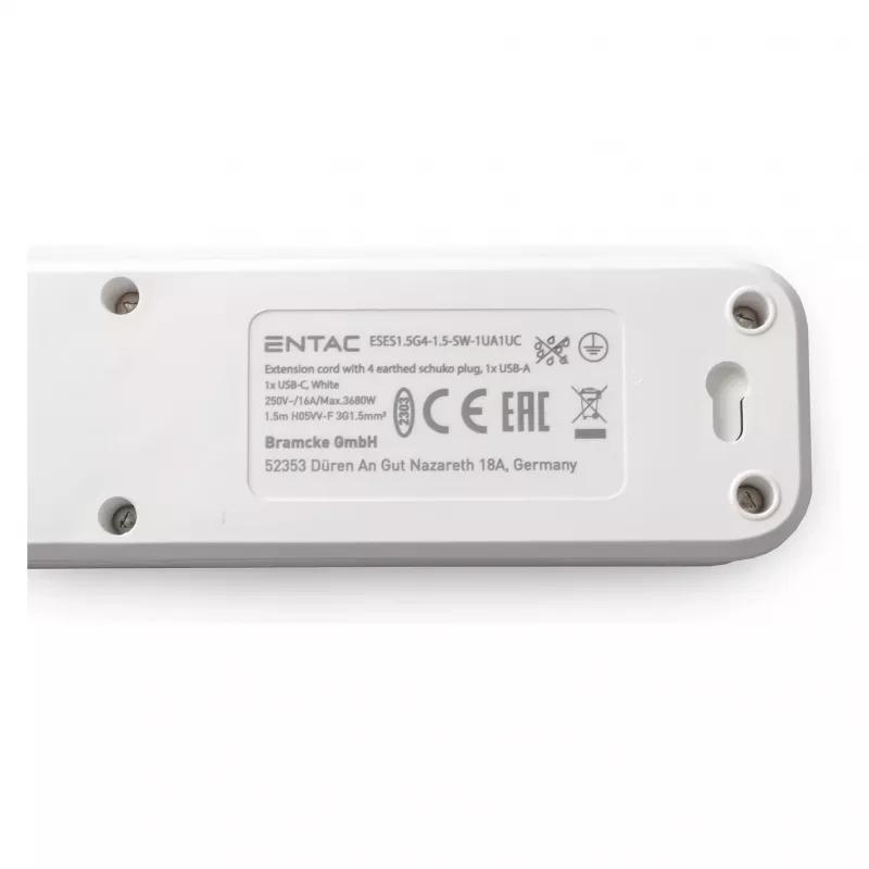 Listwa zasilająca ENTAC 4-gniazdowa z 1x USB-A i 1x USB-C, 1,5 m, biała