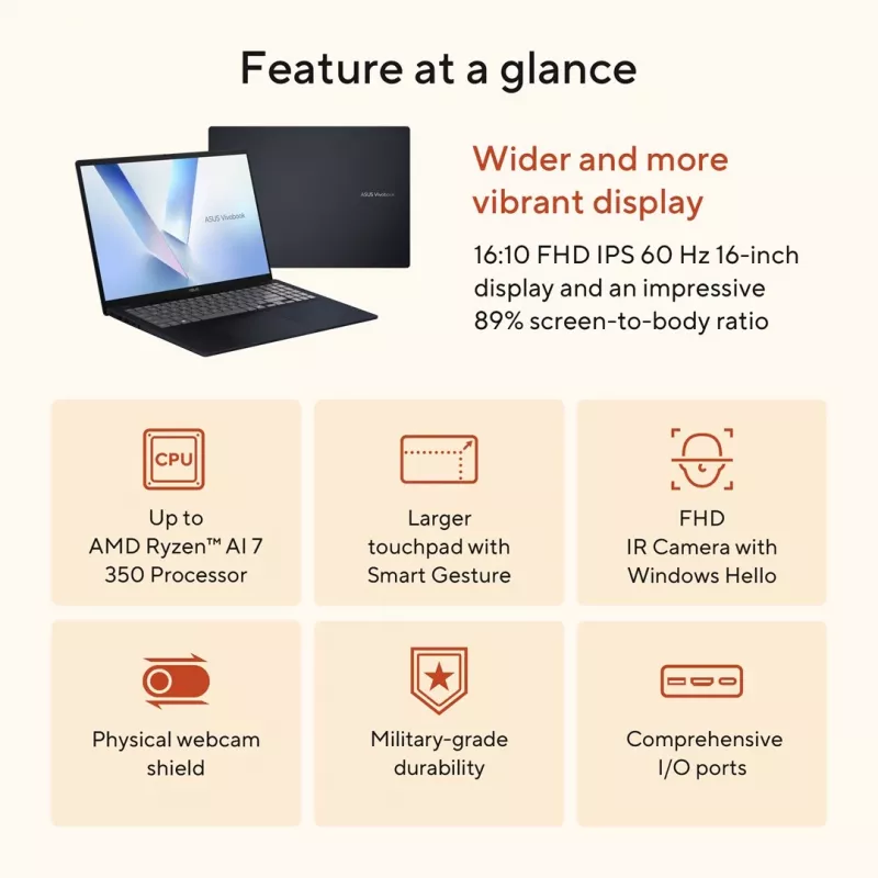 ASUS VivoBook 16 M1607KA-MB164W - Ryzen AI 5 330 | 16 inch | 16GB | 512GB | W11H | Niebieski