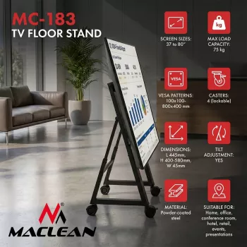 Maclean MC-183 Mobilny stojak podłogowy/wózek do TV, 37-80 inch, VESA 800x400, 75 kg, blokowane kółka, czarny