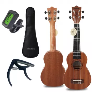 Zestaw ukulele sopranowego MOZOS GECKO - Naturalne drewno, 12 progów, struny nylonowe, w zestawie pokrowiec, tuner, kostki, pasek, zapasowe struny, ściereczka do czyszczenia