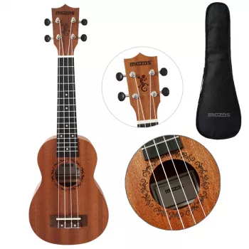 Zestaw ukulele sopranowego MOZOS GECKO - Naturalne drewno, 12 progów, struny nylonowe, w zestawie pokrowiec, tuner, kostki, pasek, zapasowe struny, ściereczka do czyszczenia