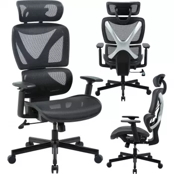 MOZOS ERGO-R Ergonomiczne Krzesło Biurowe z Siatkowym Oparciem, Regulowanym Podparciem Lędźwiowym, Nośność 120 kg, Czarny