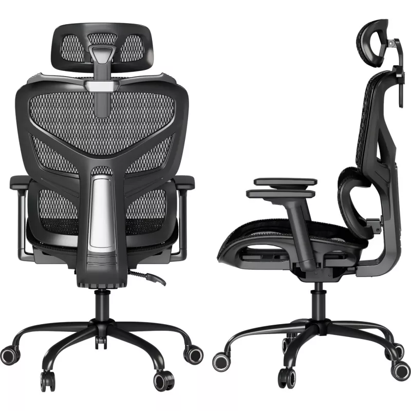 MOZOS ERGO-V Ergonomiczne krzesło biurowe z regulowanym podparciem lędźwiowym i zagłówkiem, czarne