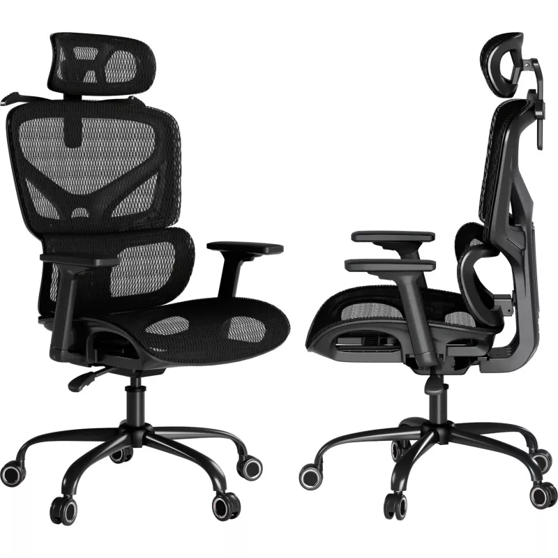 MOZOS ERGO-V Ergonomiczne krzesło biurowe z regulowanym podparciem lędźwiowym i zagłówkiem, czarne