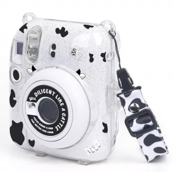 LOVEINSTANT Etui do aparatu Fujifilm Instax Mini 12 - Wzór krowy z brokatem, naklejkami i kieszenią na zdjęcia
