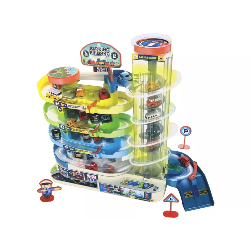 LEAN TOYS Interaktywny Wielopoziomowy Parking dla Samochodów, Światła i Dźwięki