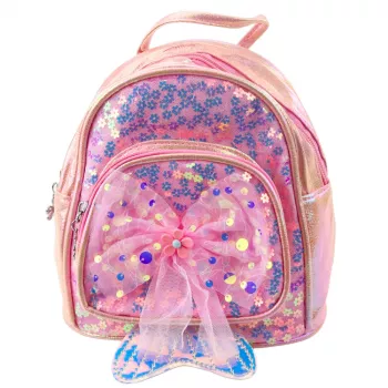 Plecak dziecięcy LEAN z cekinami i tiulową kokardą różowy 20cm 3.8L