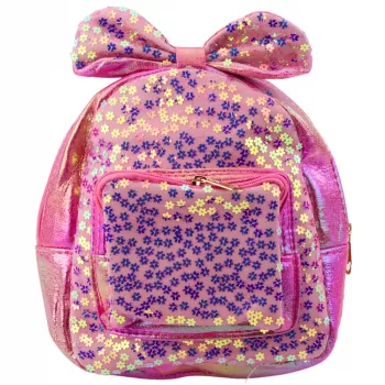 Plecak dziecięcy LEAN z cekinami, kwiatami, kokardą, różowy, 22cm, 2.8L