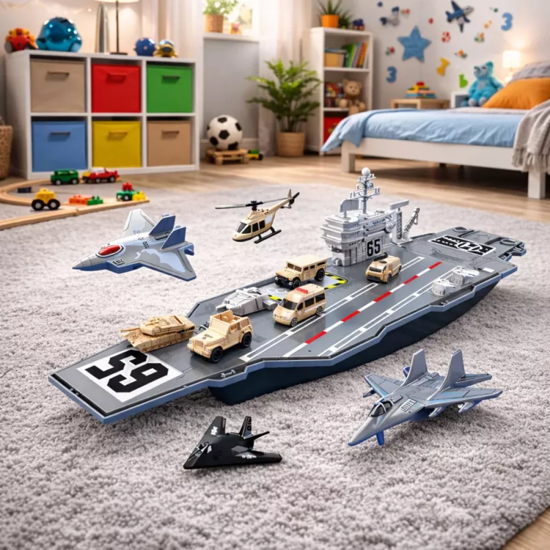 LEAN TOYS Duży Lotniskowiec Wojskowy z Myśliwcami, Czołgami i Pojazdami 70cm