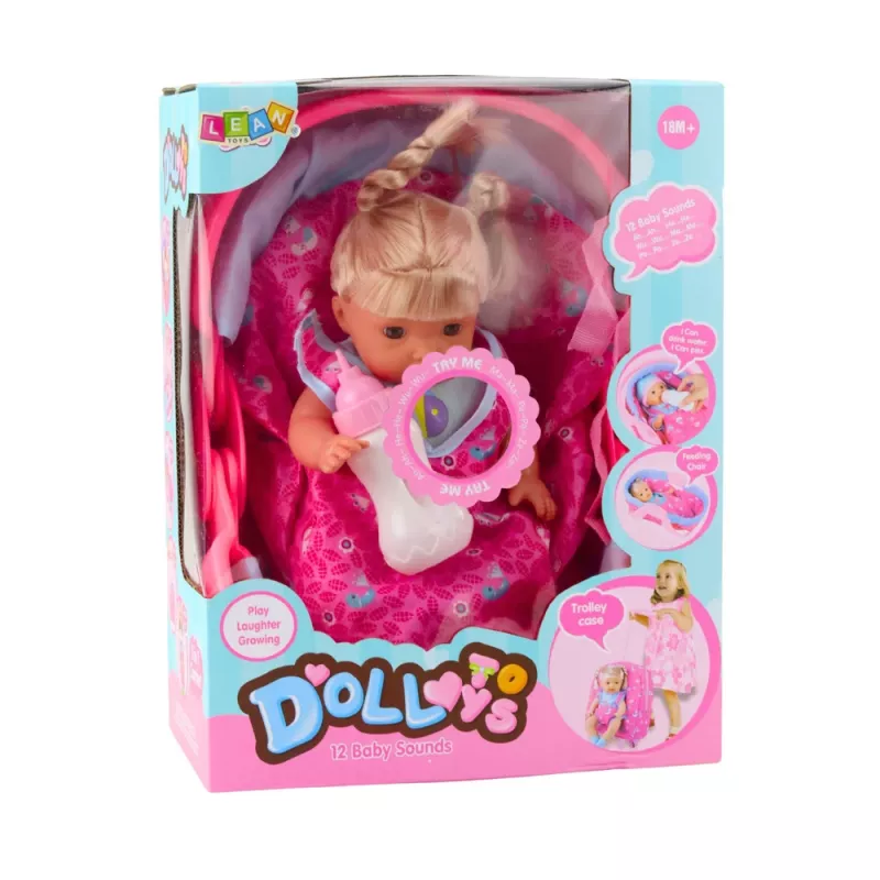 LEAN TOYS Lalka Bobas w Nosidełku z Butelką, Smoczkiem, Mówi, Gaworzy, Siusia