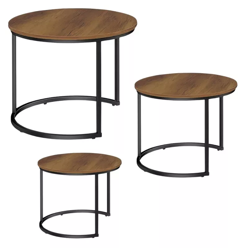 LEAN Zestaw 3 w 1 okrągłych stolików kawowych, vintage, naturalne drewno, 51 cm, 40 cm, 30 cm