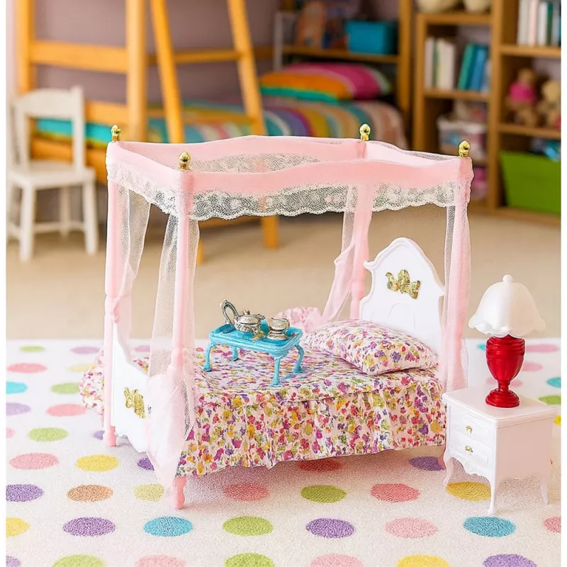 LEAN TOYS Zestaw mebli dla lalek: Łóżko z baldachimem, stoliki nocne, lampy