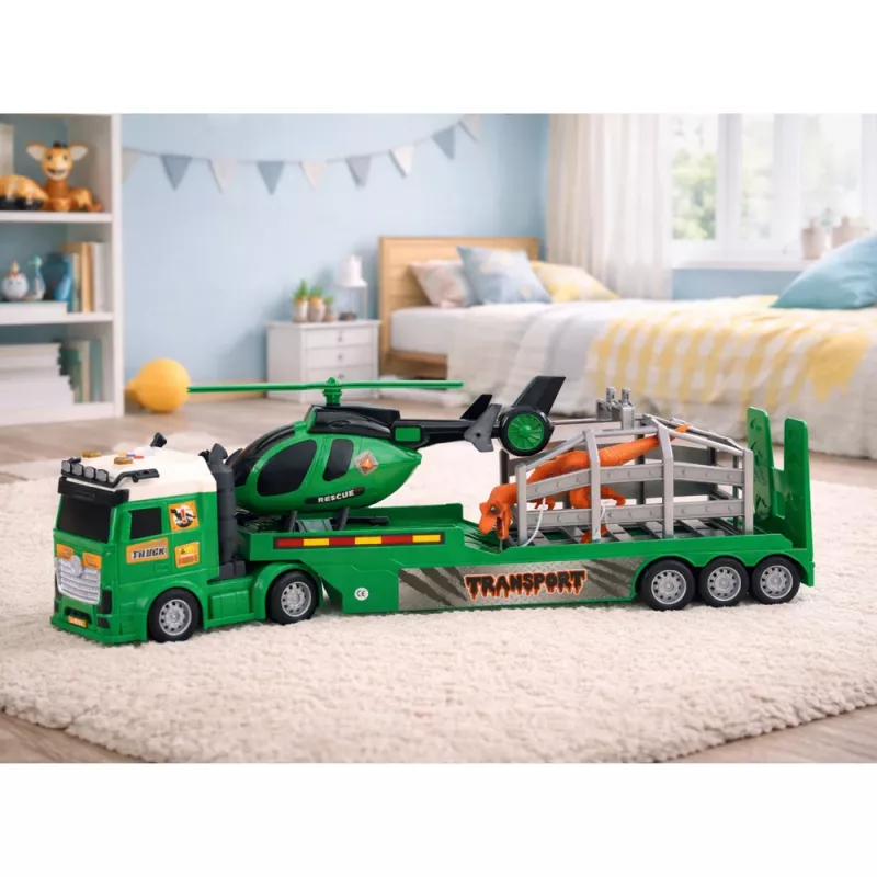 LEAN TOYS Zestaw Transportowy Dinozaurów: Ciężarówka, Laweta, Helikopter, Światła, Dźwięk