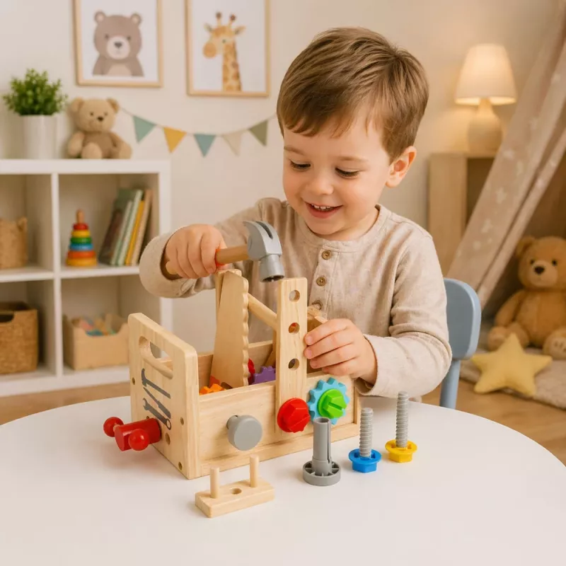LEAN TOYS Drewniany Zestaw Narzędziowy dla Dzieci z Kołami Zębatymi i Nakrętkami - 25 Elementów, Drewno FSC, Wiek 3+