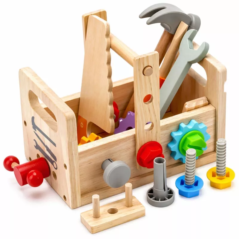 LEAN TOYS Drewniany Zestaw Narzędziowy dla Dzieci z Kołami Zębatymi i Nakrętkami - 25 Elementów, Drewno FSC, Wiek 3+
