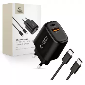 TECH-PROTECT NCA45W-GAN 2-Port Network Charger PD 45W / QC3.0 + Type-C Cable Black