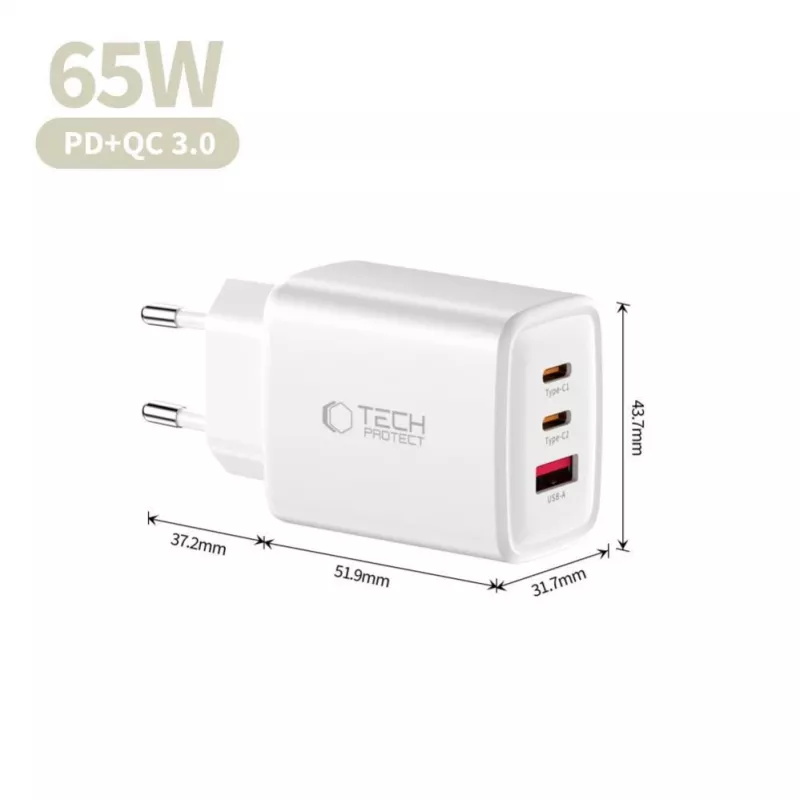 TECH-PROTECT NCA65W-GAN 3-Port Network Charger PD 65W / QC3.0 White