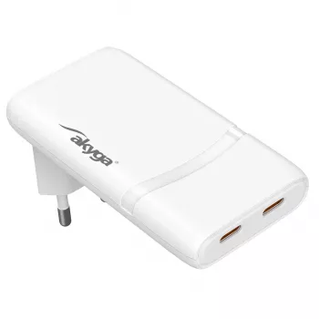 Płaska ładowarka USB-C GaN Akyga AK-CH-32 65 W, 2 x USB-C PD, biała
