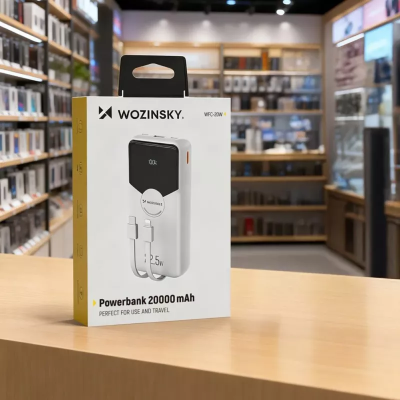 Powerbank Wozinsky WFC-15W 20000mAh 22.5W PD20W z wbudowanymi kablami Lightning i USB-C - Biały