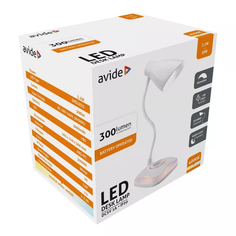 Lampa stołowa LED Avide z funkcją światła nocnego, USB 3,2 W, ściemniana