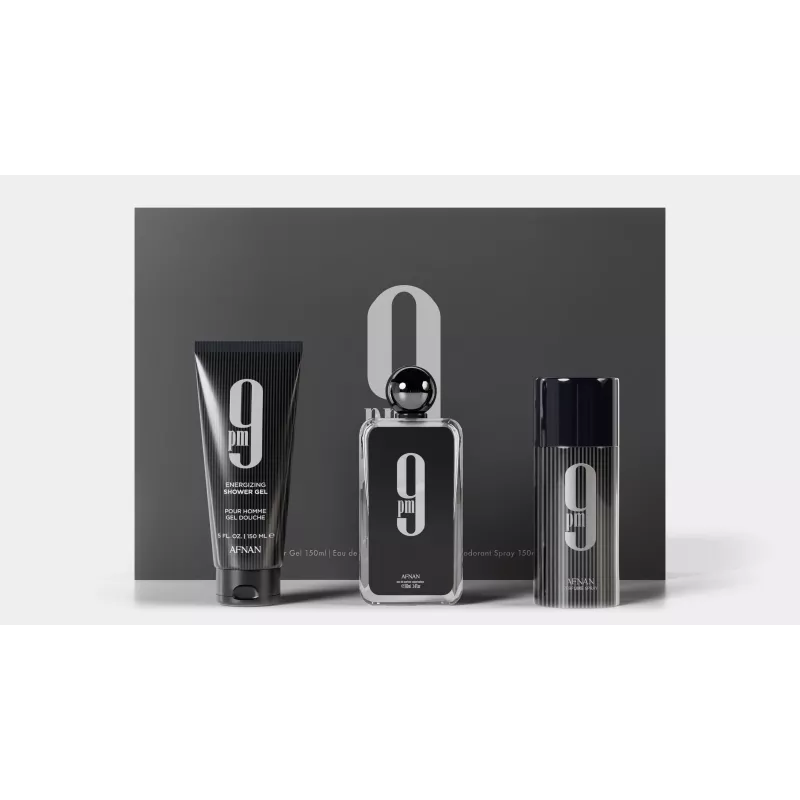Afnan 9 PM Eau de Parfum Zestaw Prezentowy dla Mężczyzn - 100ml EDP Spray + 150ml Żel pod Prysznic + 250ml Spray Dezodorujący