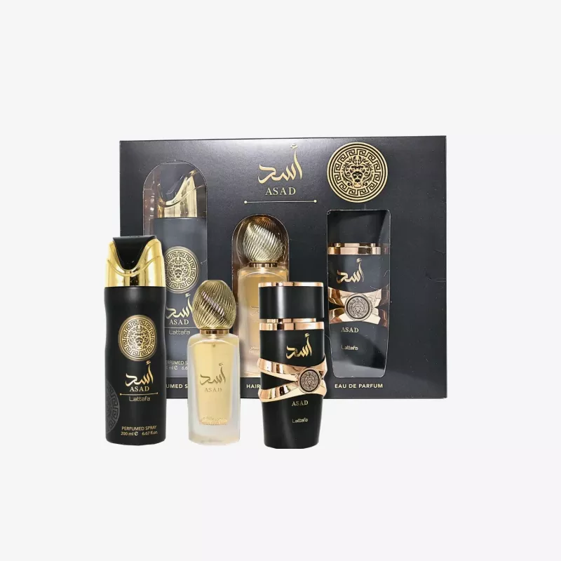 Zestaw upominkowy Lattafa Asad Eau de Parfum 100ml + Dezodorant w sprayu 200ml + Odświeżacz powietrza w sprayu 300ml