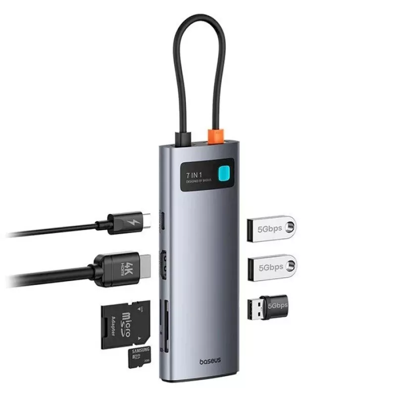 Baseus Metal Gleam 7-in-1 USB-C Hub HDMI 4K 60Hz 3x USB 3.0 USB-C PD SD microSD Grey