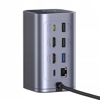 Baseus Air Spacemate 12-w-1 Hub USB-C, 2x HDMI 4K@60Hz, 2x USB-C 10Gbps, 2x USB-A 5Gbps, 2x USB-A 480Mbps, RJ45, SD/microSD, USB-C PD, Szary