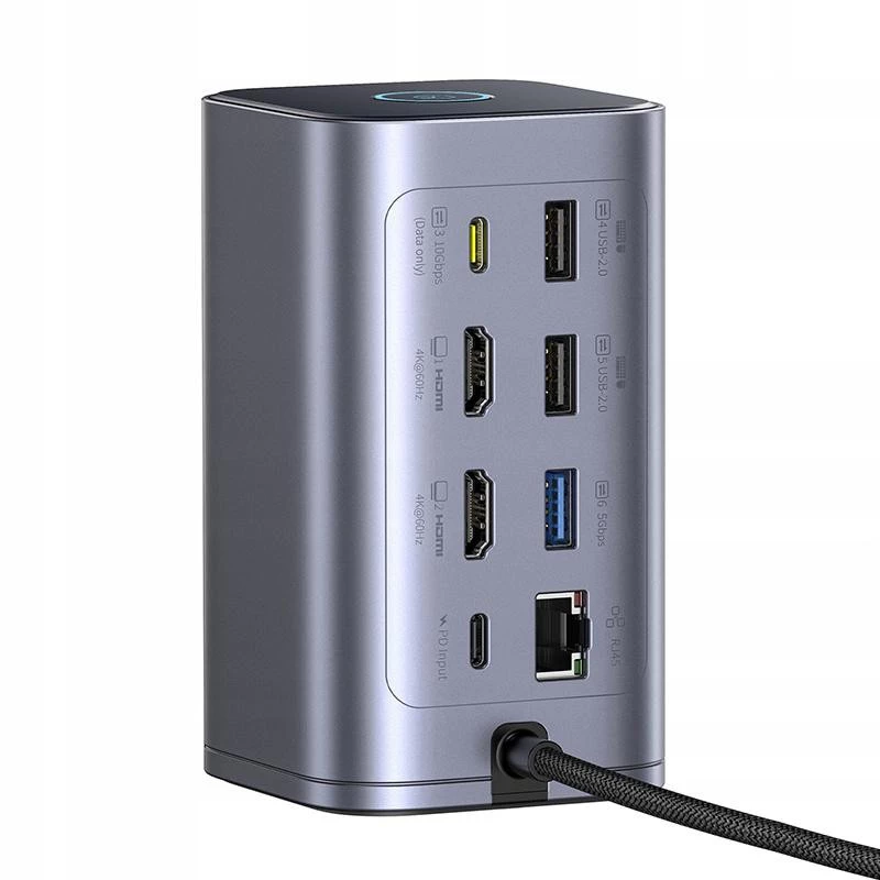 Baseus Air Spacemate 12-w-1 Hub USB-C, 2x HDMI 4K@60Hz, 2x USB-C 10Gbps, 2x USB-A 5Gbps, 2x USB-A 480Mbps, RJ45, SD/microSD, USB-C PD, Szary