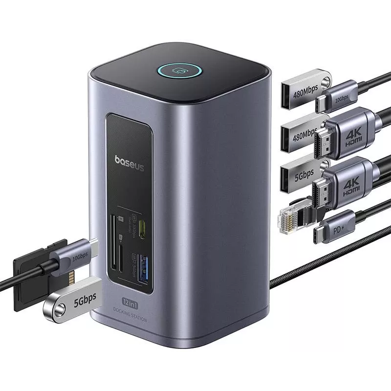 Baseus Air Spacemate 12-w-1 Hub USB-C, 2x HDMI 4K@60Hz, 2x USB-C 10Gbps, 2x USB-A 5Gbps, 2x USB-A 480Mbps, RJ45, SD/microSD, USB-C PD, Szary