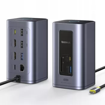 Baseus Air Spacemate 12-w-1 Hub USB-C, 2x HDMI 4K@60Hz, 2x USB-C 10Gbps, 2x USB-A 5Gbps, 2x USB-A 480Mbps, RJ45, SD/microSD, USB-C PD, Szary