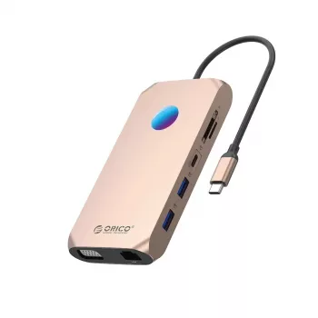 ORICO XCR 12-w-1 Stacja dokująca USB-C z RGB, 2x USB-A 3.1, 1x USB-A 2.0, 1x USB-C PD 100W, 1x USB-C 3.1, 2x HDMI 2.0 4K 60Hz, 1x VGA 1080p, microSD/SD 3.0, RJ45 Gigabit Ethernet, 3.5mm Audio CTIA - Rose Gold
