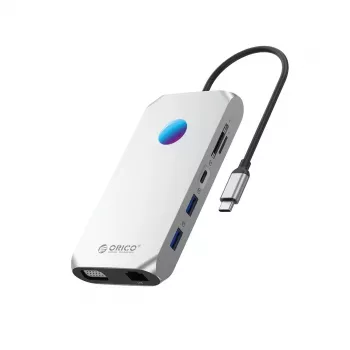 ORICO XCR 12-w-1 Stacja dokująca USB-C z RGB, 3x USB-A 3.1, 1x USB-A 2.0, 1x USB-C PD 100W, 1x USB-C 3.1, 1x HDMI 1.4 4K 30Hz, 1x VGA 1080p, 1x microSD/SD 3.0, 1x RJ45 Gigabit Ethernet, 1x Audio CTIA 3.5mm - Srebrny