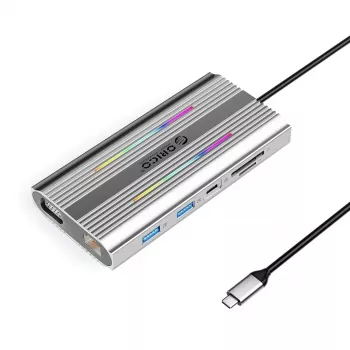 ORICO XCR 12-w-1 Stacja dokująca USB-C z RGB, 3x USB-A, USB-C PD 100W, HDMI 4K, VGA, RJ45 Gigabit, czytnik SD/microSD - Srebrny