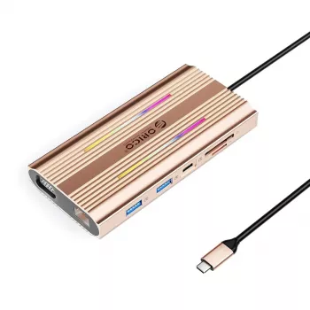 ORICO XDR 12-w-1 Stacja dokująca USB-C RGB, 3x USB-A, USB-C PD 100W, HDMI 4K, VGA, RJ45 Gigabit, czytnik SD/microSD - Różowe Złoto