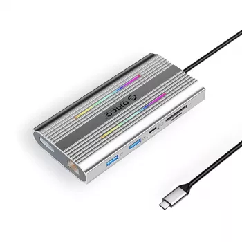 ORICO XDR 12-w-1 Stacja dokująca USB-C z RGB, 2x HDMI 4K 60Hz, DisplayPort 4K 60Hz, RJ45 Gigabit, PD 100W, czytnik SD/microSD - Srebrny